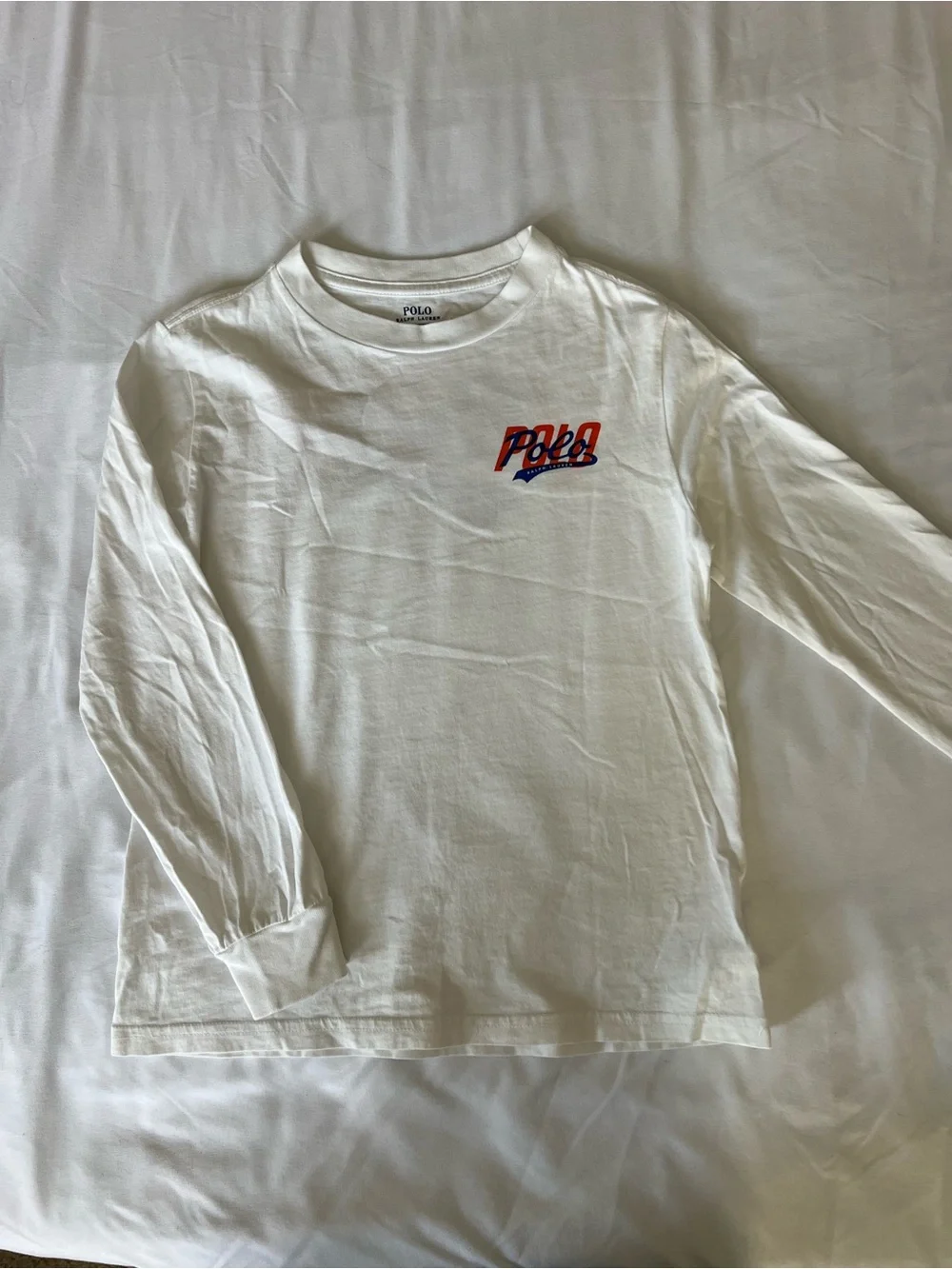 Ralph Lauren White Long-Sleeve Tee with Red and Blue Logo on front and back